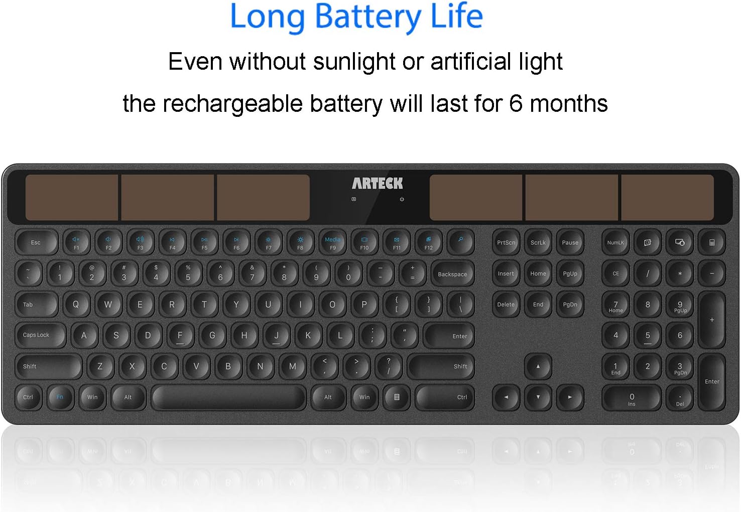 Arteck keyboard with small solar panels for charging
