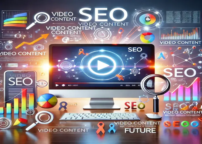 Modern digital marketing scene highlighting video content and SEO with a video playing on a computer screen surrounded by SEO-related icons.