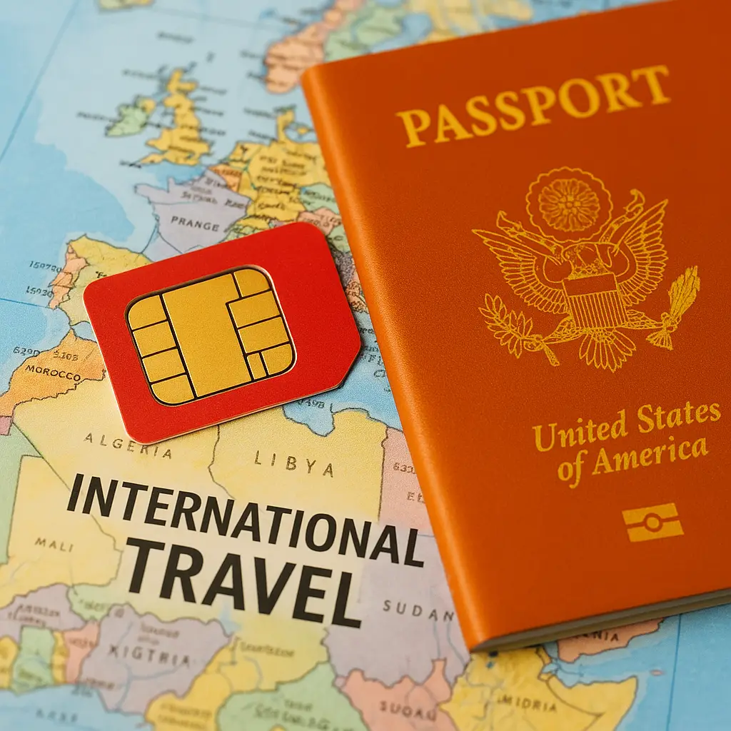 A SIM card placed on a world map with a smartphone, symbolizing international travel and roaming charges